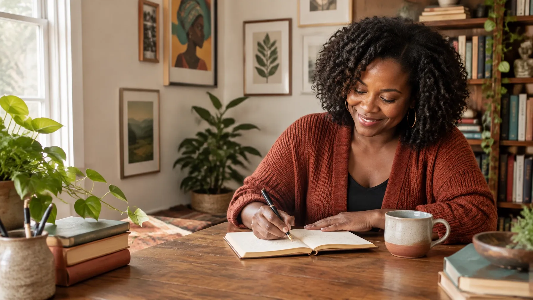 Ginevra writing in her warm, art-filled studio